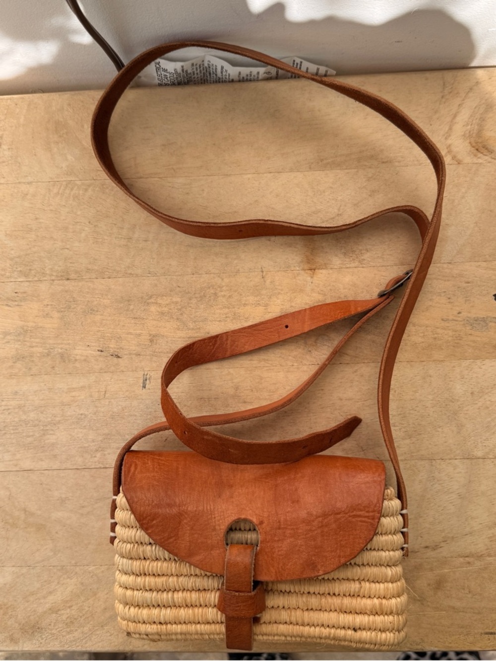 Moroccan Raffia Handwoven Straw and Tan Leather Crossbody Bag Handmade